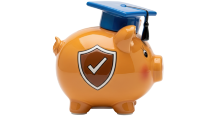 Isolated orange piggy bank wearing blue mortarboard, university savings concept, education fund