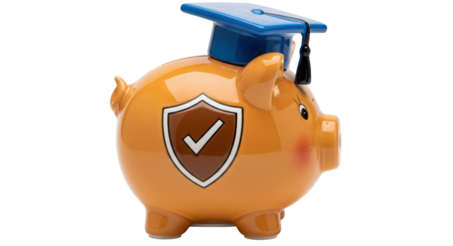Isolated orange piggy bank wearing blue mortarboard, university savings concept, education fund