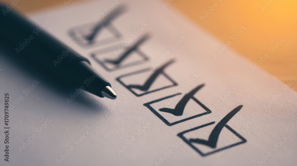 Poster checklist with completed checkmarks on paper under warm light representing productivity goal achieve