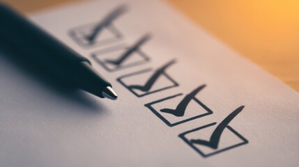 Checklist with completed checkmarks on paper under warm light representing productivity goal achievement task management and success