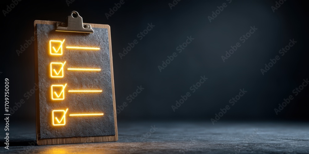 Poster glowing checklist on dark background, featuring illuminated checkmarks that convey sense of organiza