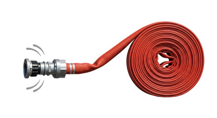 Isolated fire hose, rolled for transport, with a nozzle end ready for firefighting task