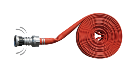 Isolated fire hose, rolled for transport, with a nozzle end ready for firefighting task