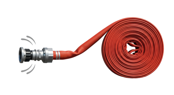 Isolated fire hose, rolled for transport, with a nozzle end ready for firefighting task