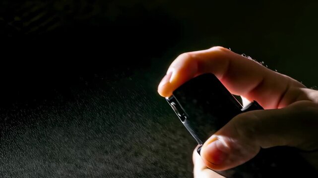 Man's hand presses sprayer button, releasing fine mist or spray against abstract dark backdrop in slow motion footage.