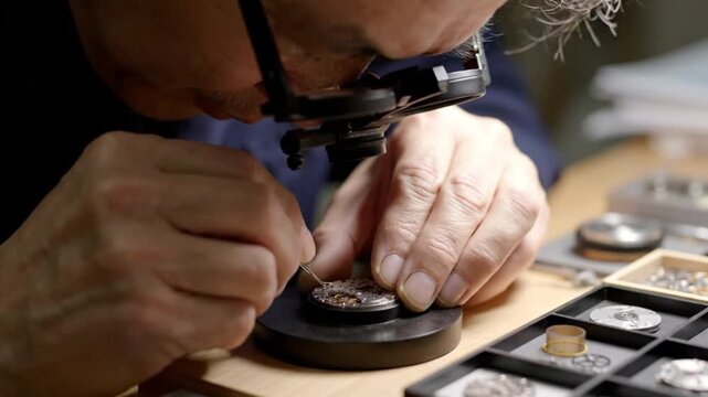 An experienced artisan meticulously repairs a complex mechanical watch movement, showcasing dedication to precision and traditional horological skills.