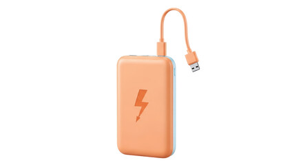 Isolated portable power bank with USB charging cable, orange case and lightning bolt symbol