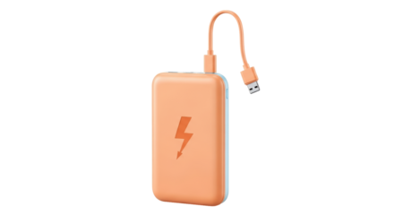 Isolated portable power bank with USB charging cable, orange case and lightning bolt symbol