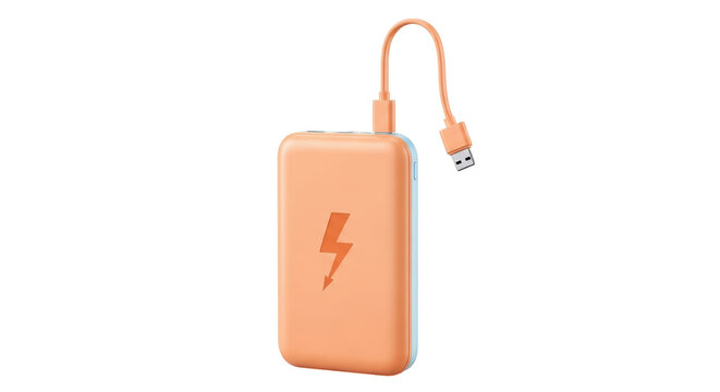 Isolated portable power bank with USB charging cable, orange case and lightning bolt symbol