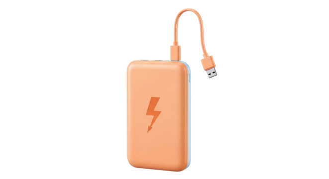Isolated portable power bank with USB charging cable, orange case and lightning bolt symbol