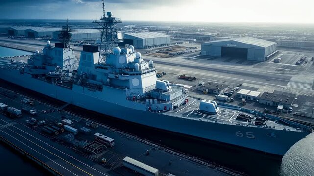 Aerial view of a military destroyer docked at a naval base with multiple buildings, roads, and a runway during daytime footage.