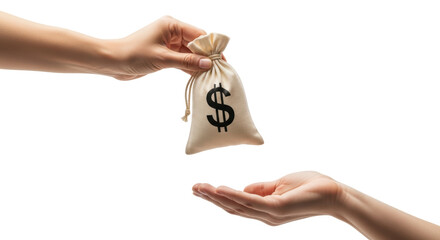 Isolated hands transfer money bag with dollar sign, financial aid concept, payment
