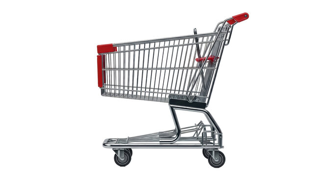 Isolated shopping cart with red handle and accents, useful for store and retail concepts