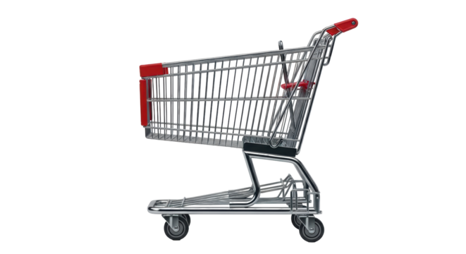 Isolated shopping cart with red handle and accents, useful for store and retail concepts