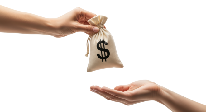 Isolated hands transfer money bag with dollar sign, financial aid concept, payment