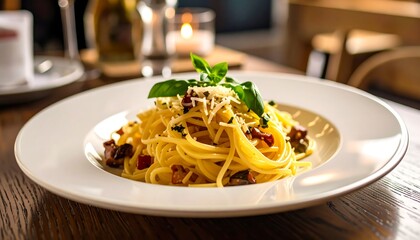 Creamy pasta dish on a white plate