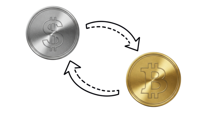Isolated financial exchange, silver dollar coin and gold bitcoin circulating currency