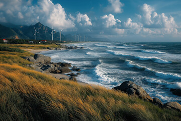 Éoliennes en bord de mer, production d’énergie verte et renouvelable, paysages côtiers avec vent et océan, transition écologique et développement durable