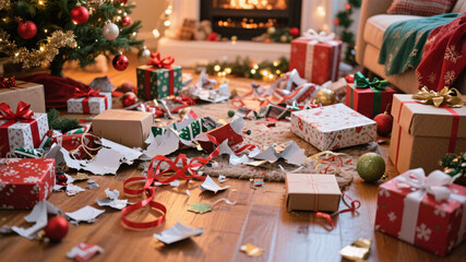 Authentic Christmas aftermath scene with colorful wrapping paper torn boxes and ribbons scattered in celebration mess