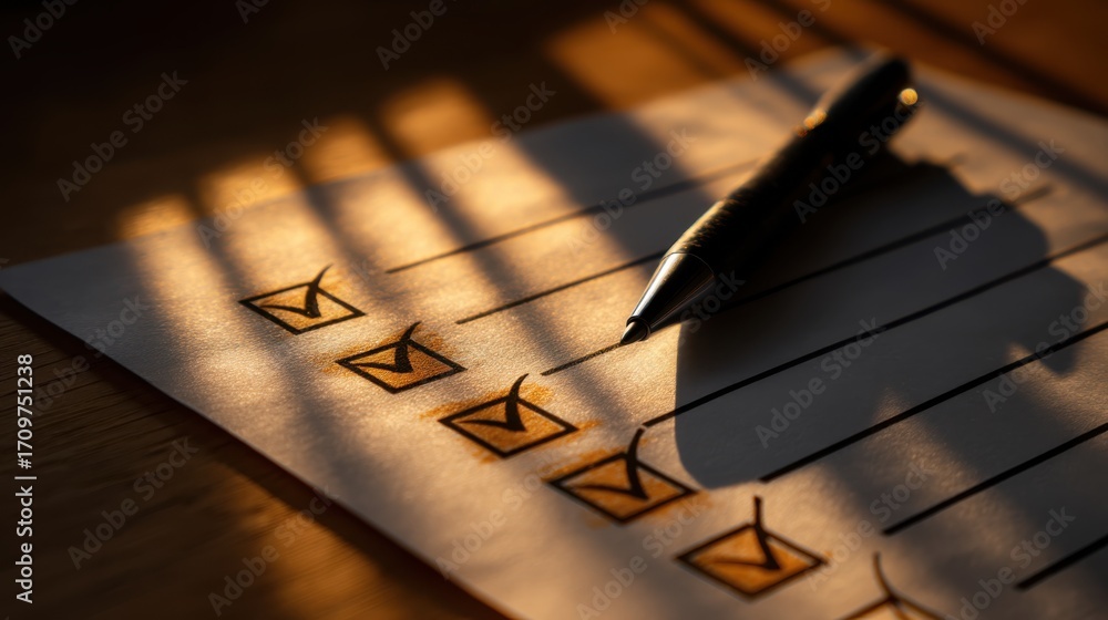 Poster checklist with glowing checkmarks and pen resting beside it, illuminated by soft light, symbolizing 