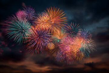 Colorful fireworks burst against a dramatic cloudy night sky