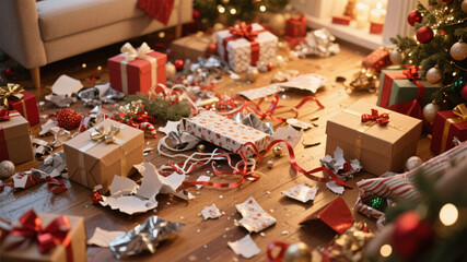 Bright post holiday chaos with discarded gift boxes ripped wrapping paper and tangled ribbons lying on festive floor