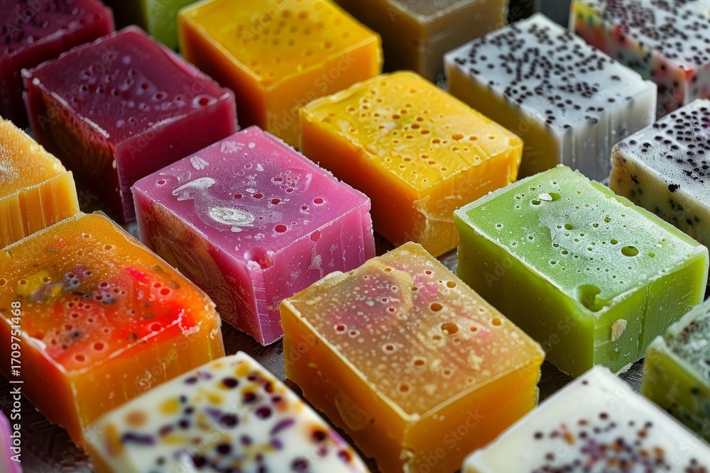 Poster variety of colorful, fragrant, and uniquely designed handmade soap bars arranged to form a visually 
