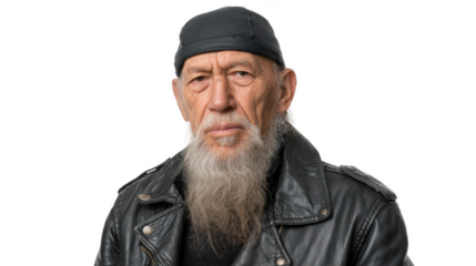 Portrait of an older man with a long gray beard wearing a black leather jacket and a black beanie