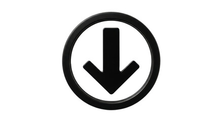 Isolated black arrow points down within a glossy circle for navigation or downloading