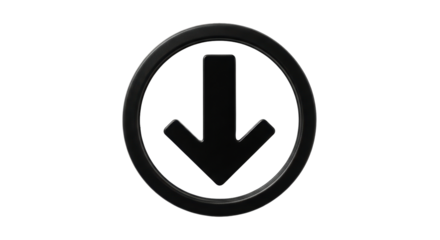 Isolated black arrow points down within a glossy circle for navigation or downloading