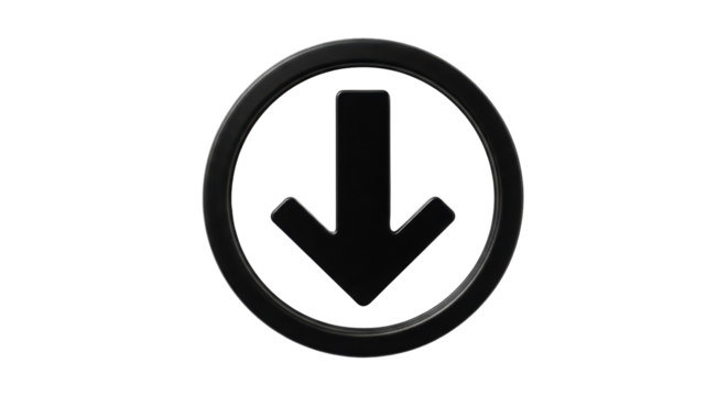 Isolated black arrow points down within a glossy circle for navigation or downloading