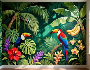 Tropical Jungle Wall Mural with Oversized Foliage and Exotic Flowers