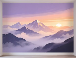 Abstract Mountain Sunrise Gradient Wall Mural in Watercolor Landscape Style