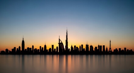 Obraz premium Silhouette of a City Skyline at Dusk with Orange Sunset and Reflections on Water