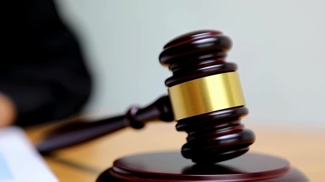 A wooden judge's gavel resting on a sound block with blurred background. Justice and law concept. Courtroom process footage.