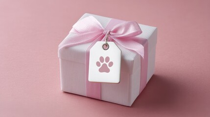 Obraz premium DIY pet party setup Gift box with a paw print tag, elegantly wrapped in pink and white, perfect for pet lovers.