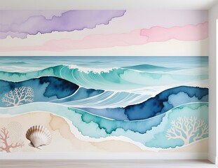Abstract Ocean Dreamscape Wall Mural with Flowing Watercolor Waves