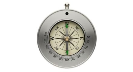 Isolated compass indicates true north for direction, travel navigation, and orientation tools
