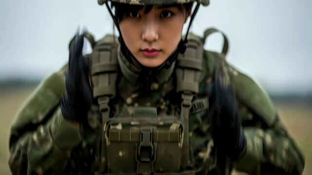 Confident female soldier preparing for duty, adjusting helmet on her head, army recruit in camouflage uniform footage.
