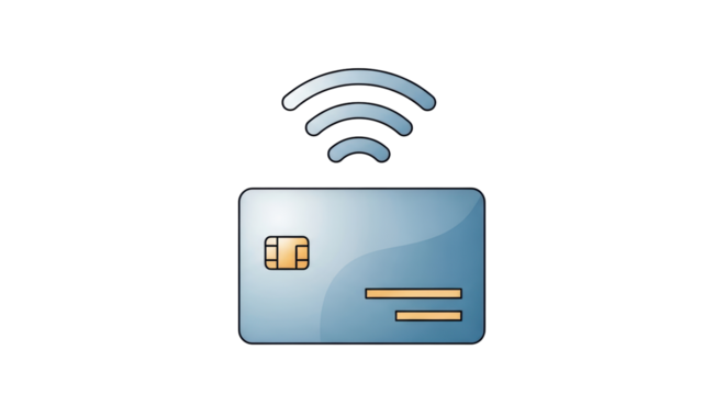 Isolated contactless credit card with chip and wireless network indicator, modern payment