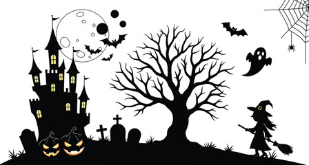 Spooky Halloween haunted castle with bats, witch, ghost, pumpkins, full moon, spider web and creepy graveyard in vector style.