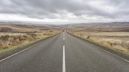 Fototapeta premium asphalt. Panoramic view of an empty road under cloudy skies, capturing a serene and open landscape. travel magazines, destination branding, designed for outdoor magazines and nature guides.