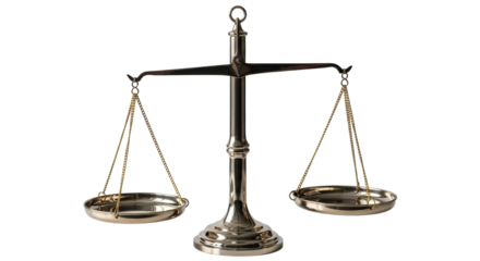 Isolated Metallic scale with hanging gold chain and bowls; symbol of law, justice, equality