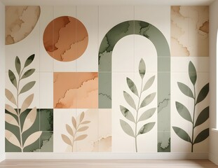 Geometric Organic Fusion Wall Mural with Earthy Tones and Botanical Shapes