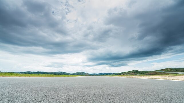 asphalt. Panoramic view of an empty road under cloudy skies, capturing a serene and open landscape. travel magazines, destination branding, designed for outdoor magazines and nature guides.