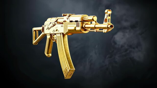 Golden assault rifle with tactical modifications rotating against a smoky background. Luxury weaponry concept footage.