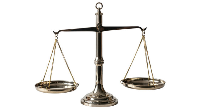 Isolated Metallic scale with hanging gold chain and bowls; symbol of law, justice, equality