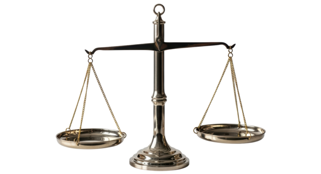 Isolated Metallic scale with hanging gold chain and bowls; symbol of law, justice, equality