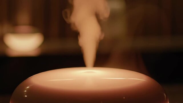 Close-up of a modern aroma diffuser releasing a gentle stream of vapor for home wellness and relaxation