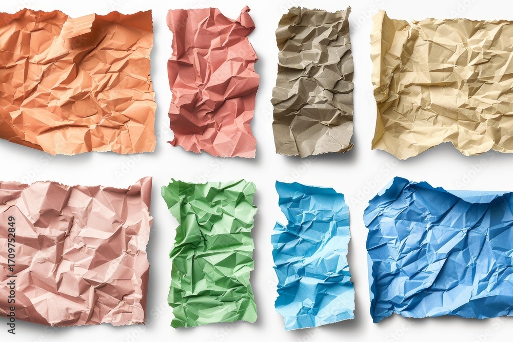 Poster eight pieces of crumpled paper in various colors, creating a textured and abstract composition
